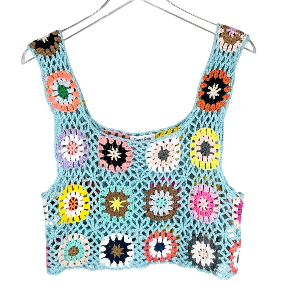 SEWN + SEEN Women's Medium Aqua Blue Granny Square Crochet Tank Top